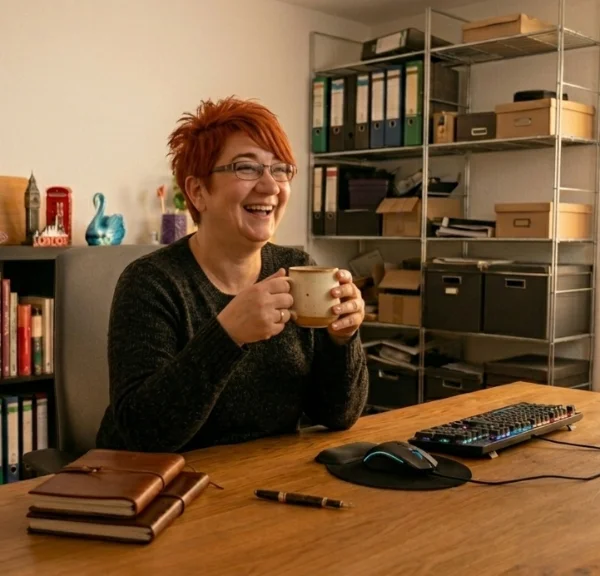 elke-schwan-koehr-federfuehrend-kaffee-arbeitsalltag Elke Schwan-Köhr von federführend sitzt mit einer Kaffeetasse an ihrem Schreibtisch und lacht.